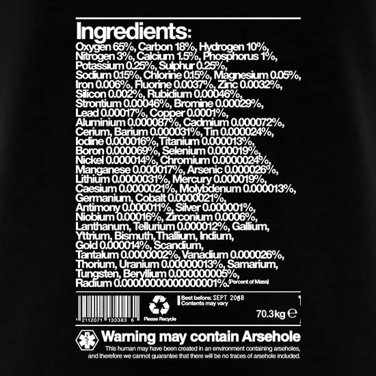 Human Ingredients - May Contain Arsehole t shirt