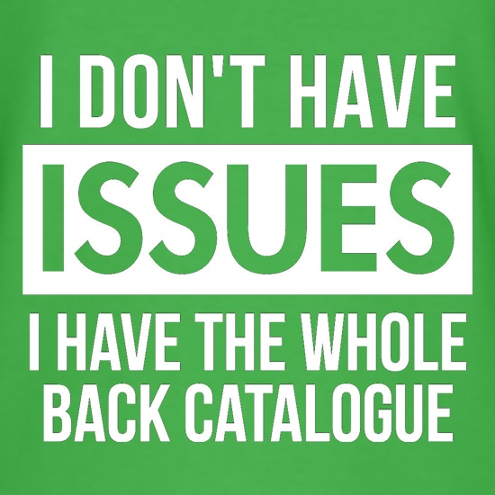 I don't have issues, i have the whole back catalogue t shirt
